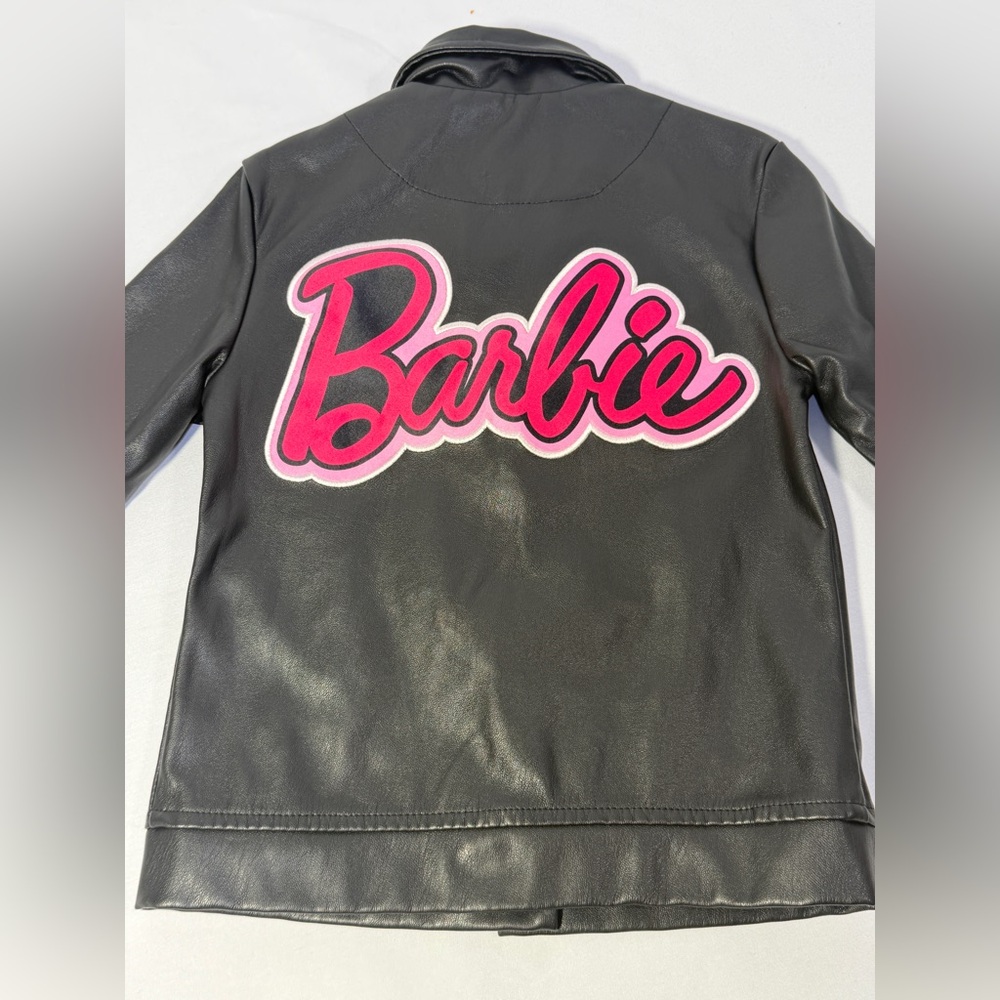 Barbie Girls Faux Leather Jacket Black Pink Logo Moto Biker Coat Size 4T - Picture 5 of 13